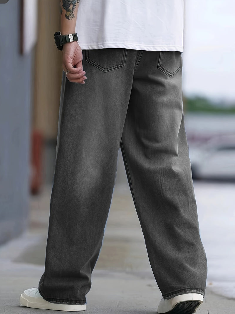 Men's Grey Loose Wide Leg Denim Jeans -