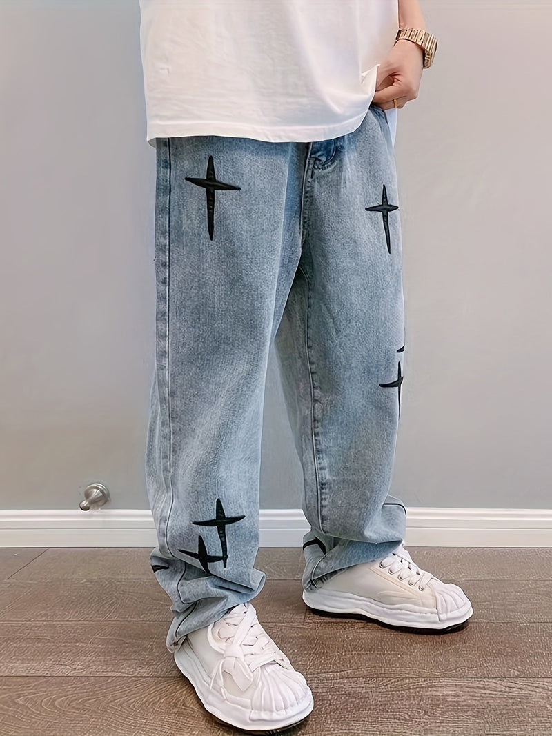 Cross-Pattern Relaxed Denim Pants