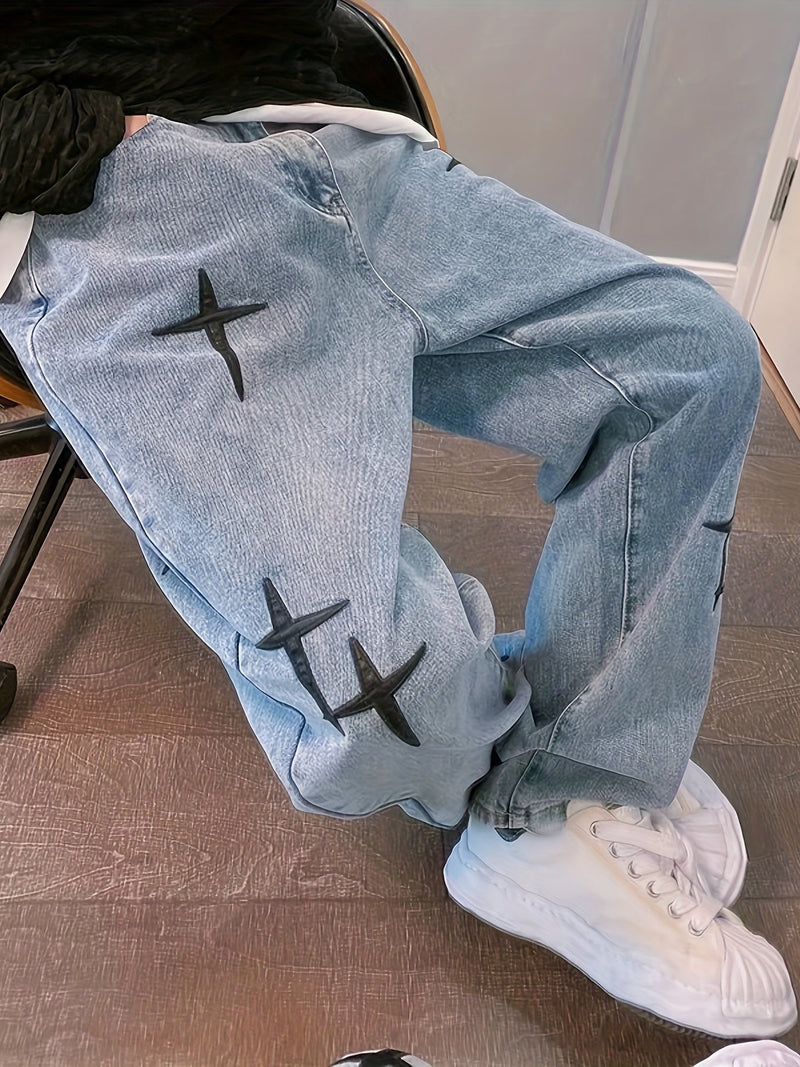 Cross-Pattern Relaxed Denim Pants