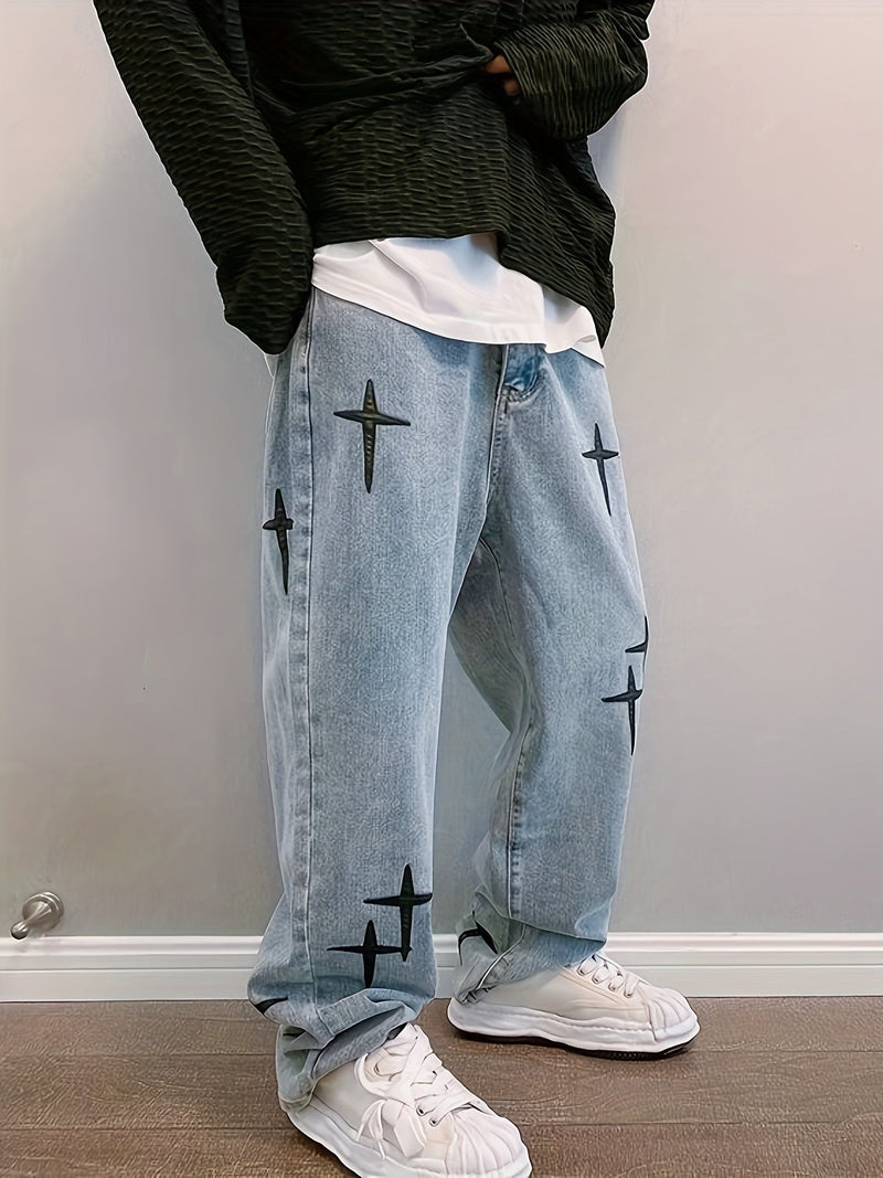 Cross-Pattern Relaxed Denim Pants