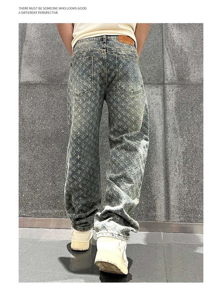 Jacquard Pattern Denim Pants Male Straight Fitting Baggy Bottoms Distressed Wide Jeans For Men