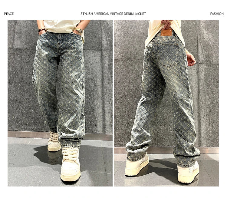 Jacquard Pattern Denim Pants Male Straight Fitting Baggy Bottoms Distressed Wide Jeans For Men