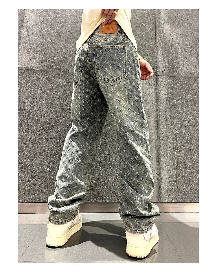 Jacquard Pattern Denim Pants Male Straight Fitting Baggy Bottoms Distressed Wide Jeans For Men