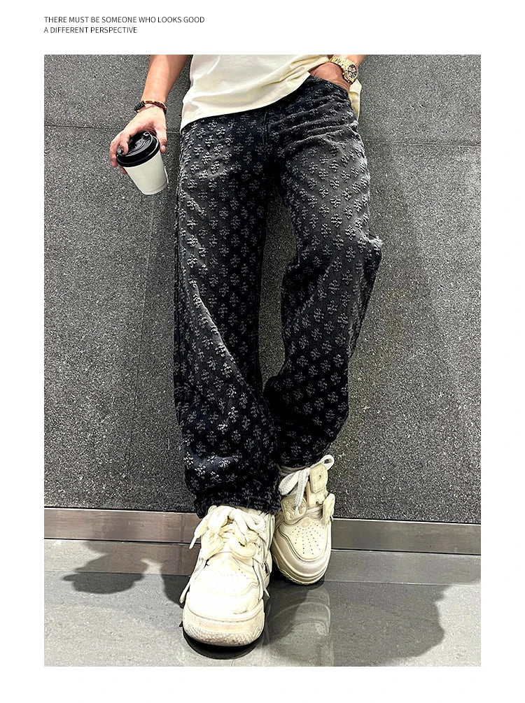 Jacquard Pattern Denim Pants Male Straight Fitting Baggy Bottoms Distressed Wide Jeans For Men