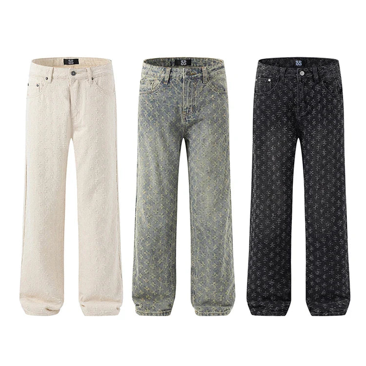 Jacquard Pattern Denim Pants Male Straight Fitting Baggy Bottoms Distressed Wide Jeans For Men