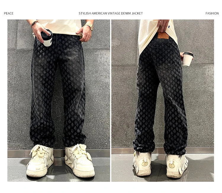 Jacquard Pattern Denim Pants Male Straight Fitting Baggy Bottoms Distressed Wide Jeans For Men