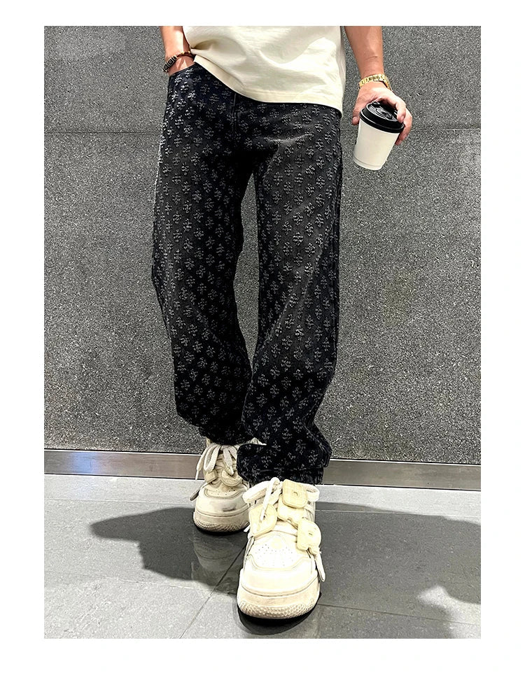 Jacquard Pattern Denim Pants Male Straight Fitting Baggy Bottoms Distressed Wide Jeans For Men