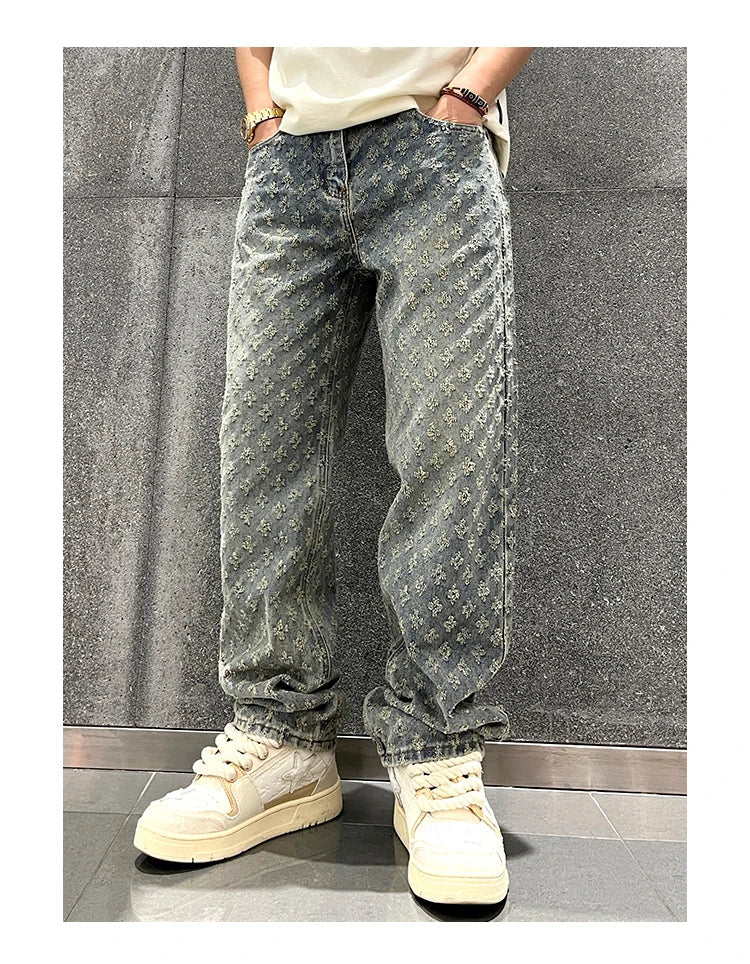 Jacquard Pattern Denim Pants Male Straight Fitting Baggy Bottoms Distressed Wide Jeans For Men