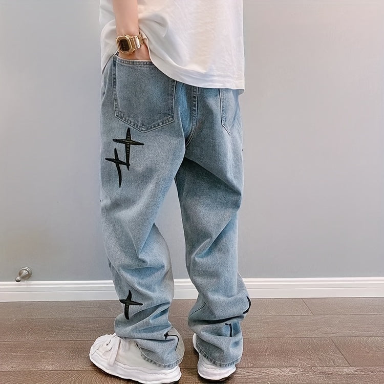 Cross-Pattern Relaxed Denim Pants